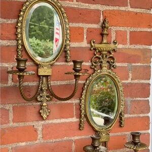 PAIR OF ANTIQUE BRASS MIRRORED WALL SCONCES